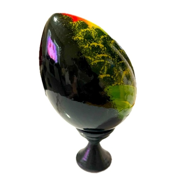 Vintage Black Russian Hand Painted Lacquer Wood Egg Church w/ Stand Signed - Picture 3 of 9